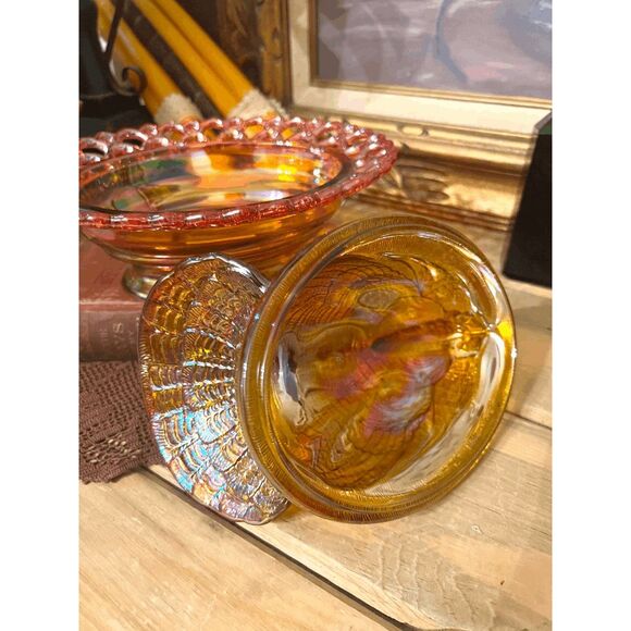 Large Marigold Carnival Glass Turkey on Nest Dish – Lace Edge Trinket Box – Moss - Picture 4 of 6